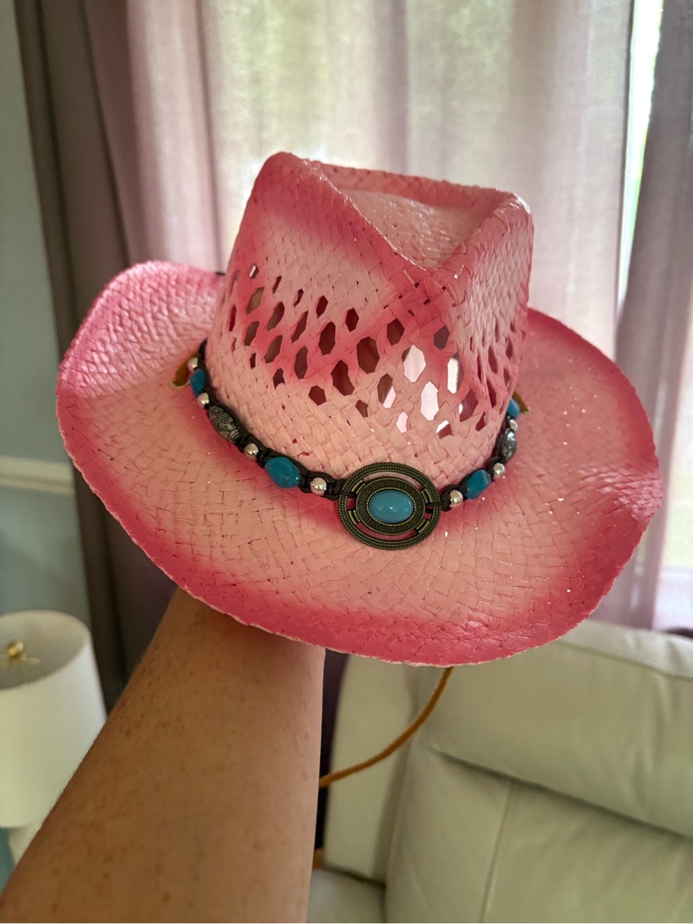 Pink Beaded Straw Cowgirl Hat with Turquoise Accents